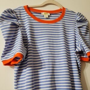 Anthropologie Maeve Blue & White Striped Top with Orange Trim